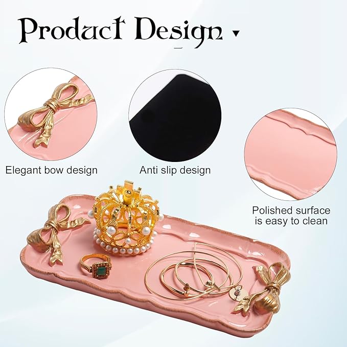 Vintage Decorative Tray Jewelry Tray Towel Tray Storage Tray Rings Necklace Bracelets Earrings Trays Cosmetics Jewelry Organizer Retro Design Bow Decor Resin Plate Coquette Room Decor (Pink)