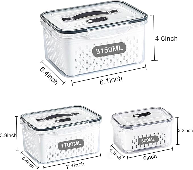 Fruit Storage Containers for Fridge with vent holes and handle,Airtight Food Storage Containers Keep Fruits, Vegetables, Berry, Meat Fresh longer,BPA-free Fridge Storage Container with Lid (3 Pack)