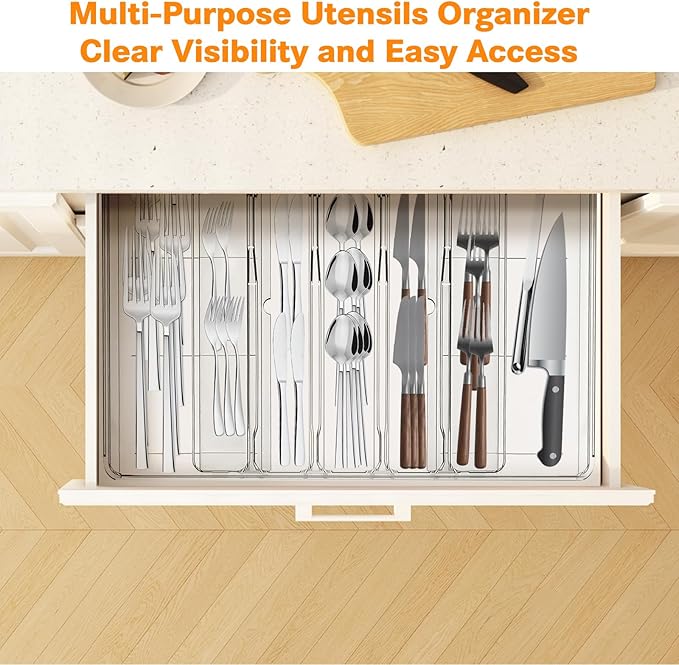 Silverware Drawer Organizer, Expandable Utensil Tray for Kitchen, Clear Plastic Cutlery Flatware Holder, Adjustable Storage Divider for Cooking Tools Forks Knives Spoons, 9 Slot