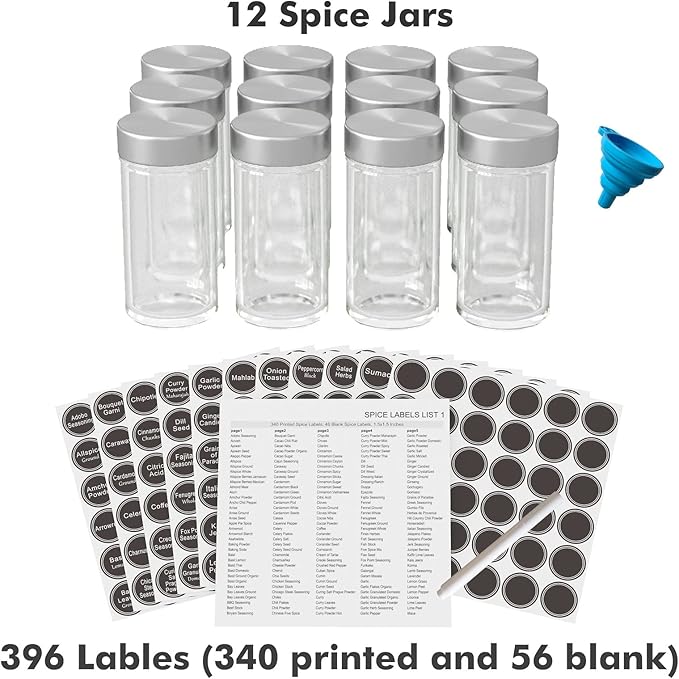 New England Stories Revolving Spice Rack Set with 12 Spice Jars, Kitchen Spice Tower Organizer for Countertop or Cabinet - Carousel Storage Includes 386 Spice Labels