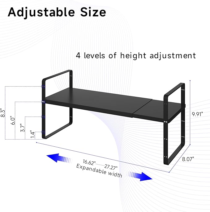 Expandable Cabinet Shelf Organizer, Stackable Kitchen Pantry Counter Storage, Adjustable Closet Cupboard Stand Rack Risers Spice Organization 80LBS Heavy Duty Black Small 1 Pack