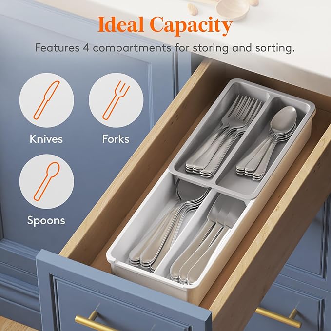 Lifewit Compact Silverware Organizer for Kitchen Drawer, Narrow Flatware Tray Holder, Plastic Cutlery Spoons, Forks and Knives Storage, White&Gray, 3 Pack