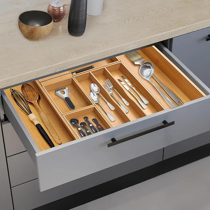 comfoyar Bamboo Kitchen Drawer Organizer, Expandable Silverware Cutlery Tray with Removable Grooved Drawer Dividers and Knife Block, for Flatware and Kitchen Utensils, 3-10 Slots Natural