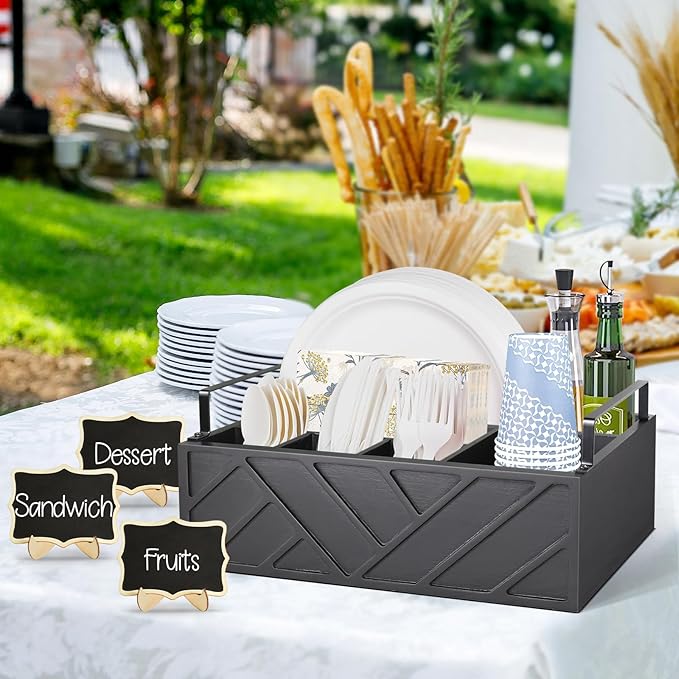 Paper Plate Dispenser with 10 Mini Chalkboard Signs, Wood Paper Plate Holders, Utensil Holder for Party Camping Buffet, Cutlery Flatware Organizer Box, Silverware Caddy for Plate Cup Fork Spoon(Black)