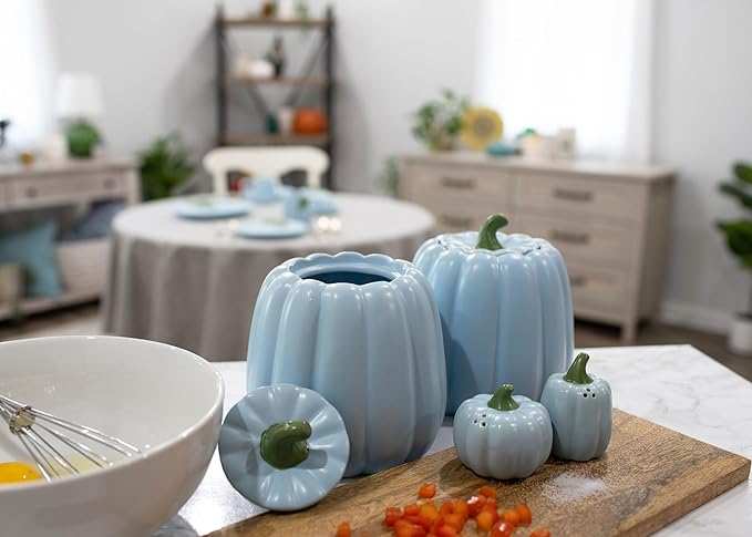 Nat & Jules Pumpkin Shaped 6 x 6 Inch Ceramic Storage Canisters: Perfect for Halloween, Thanksgiving and Indoor Fall Table Décor & Centerpieces - Set of 3, Powder Blue