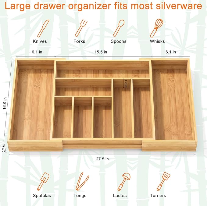 Bamboo Utensil Organizer for Kitchen Drawers, Utensil Tray and Cutlery Silverware Holder,Wood Drawer Dividers with 9 Slots