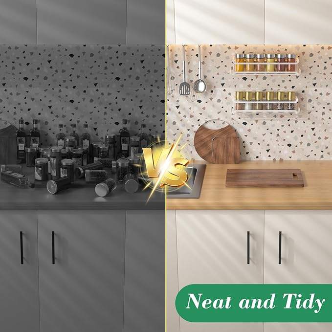 LUCYCAZ 2 Pack Wall Mounted Spice Rack with 8 Hooks, Spice Organizer for Cabinet Pantry Door,Screw or Adhesive Spice Shelf Hanging Wall Spice Rack in Kitchen and RV (White, 2 PACK)