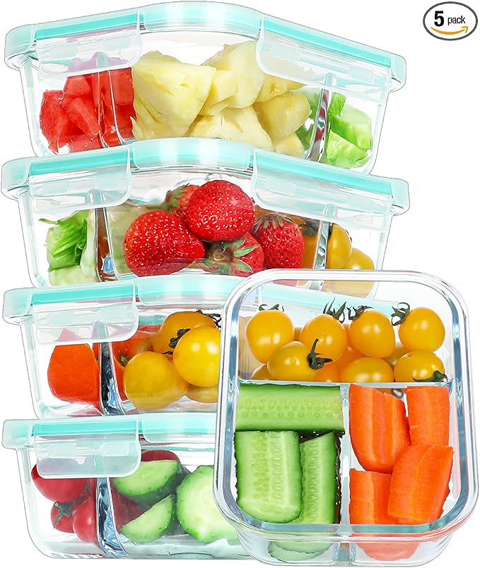 BAYZZ 5 Pack 35 Oz Glass Meal Prep Containers 3 Compartments, Glass Food Storage Containers with Lids, Airtight Bento Box Lunch Container-Microwave, Freezer, Dishwasher Safe,Green