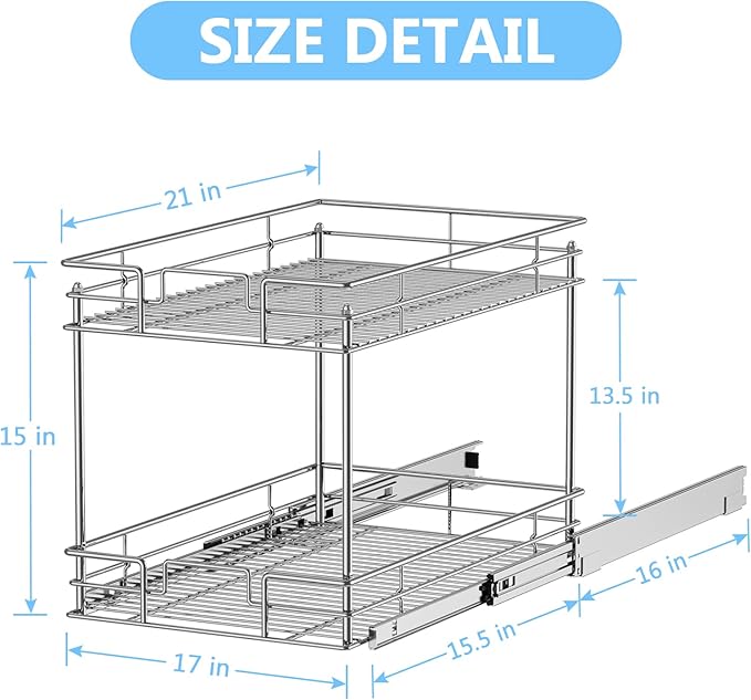 LOVMOR 2-Tier Pull Out Cabinet Organizer, 17" W x 21" D, Chrome Pull Out Drawer for Base Cabinet Silver