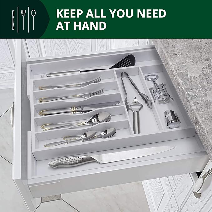 ROYAL CRAFT WOOD Luxury Bamboo Kitchen Drawer Organizer - Silverware Organizer - Utensil Holder and Cutlery Tray with Grooved Drawer Dividers for Flatware and Kitchen Utensils (9 Slot, White)