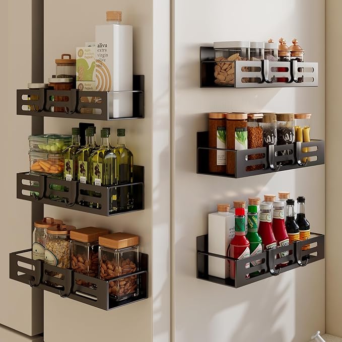 6 Pack Magnetic Spice Rack for Refrigerator Set, Black Magnetic Shelf and Fridge Kitchen Cabinet Organizers Storage Seasoning Organization Mini Shelves.