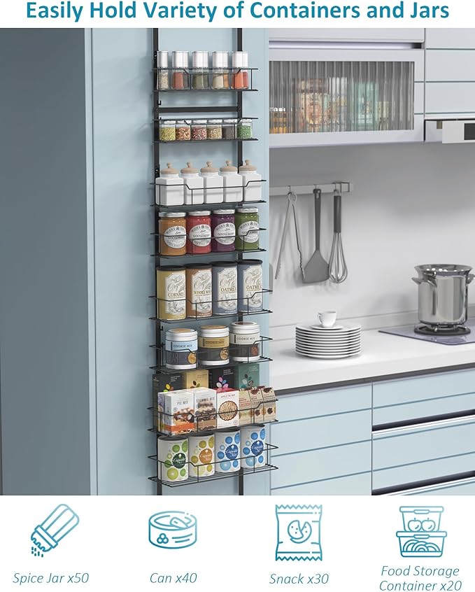 Over the Door Pantry Organizer, 8-Tier Pantry Door Organizers and Storage, Hanging Kitchen Spice Rack Organizer for Pantry Door, Easy Install, Behind Door Kitchen Storage Rack, Black