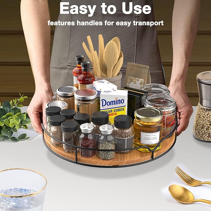 Lazy Susan Turntable Organizer with Anti-Slip Mat for Cabinet Pantry Kitchen Countertop Refrigerator Office, Pine Wood, 11", Carbonized Black