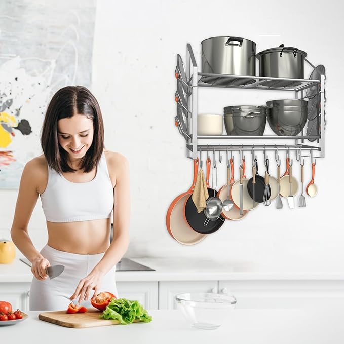 35 Inch Pot Rack Wall Mounted, 2 Tier Pots and Pans Organizer with 20 Hooks and 6 Pot Lid Holders, Heavy Duty Steel Pot and Pan Hanger for Kitchen Cookware Utensils Storage, Silver