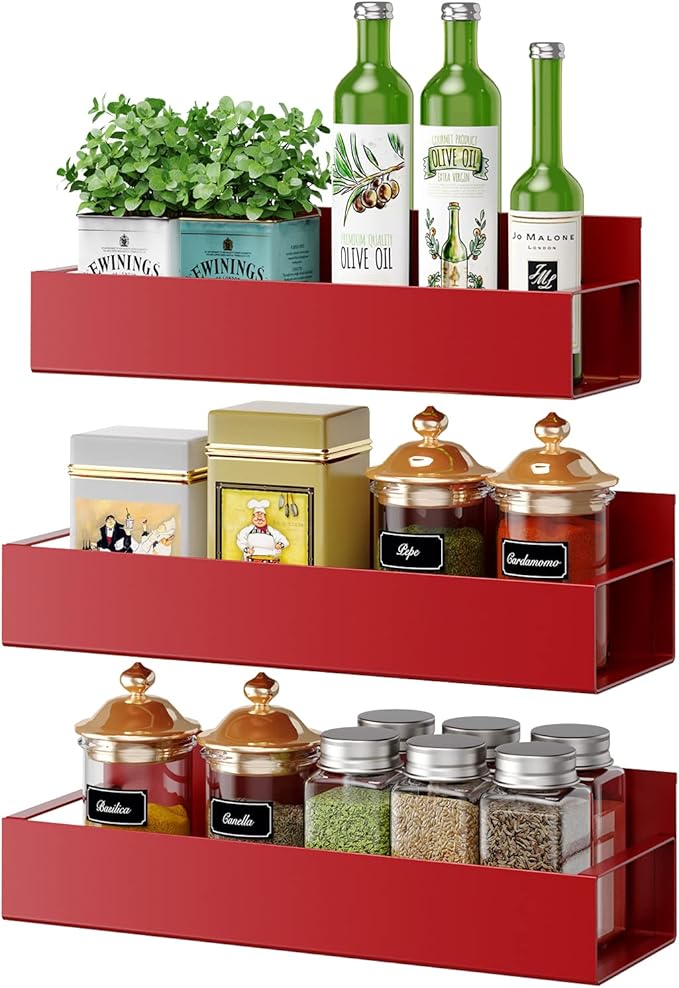 3 Pack Moveable Fridge Magnetic Spice Racks,Metal Red