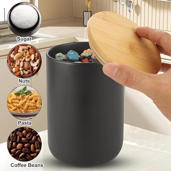 Acrux7 2 Pack Black Ceramic Jars Canisters Set 16oz and 32oz Airtight Coffee Container with Bamboo Sealing Lids, Airtight Kitchen Canisters for Countertop, Coffee, Flour, Sugar, Tea