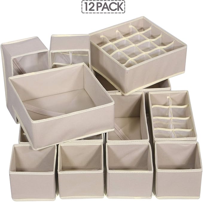 12 Pack Foldable Drawer Organizer Dividers Cloth Storage Box Closet Dresser Organizer Cube Fabric Containers Basket Bins for Underwear Bras Socks Panties Lingeries Nursery Baby Clothes Beige