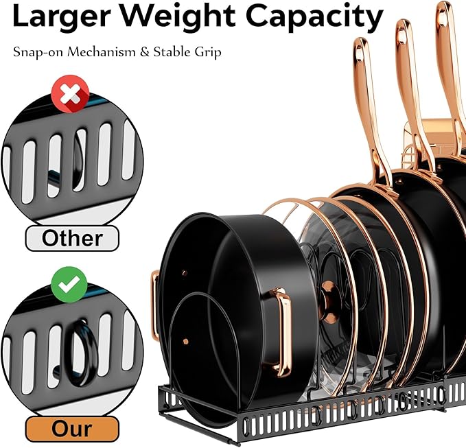 Expandable Pot and Pan Organizer Rack - Adjustable Kitchen Cabinet Holder for Pots, Lids, and Pans
