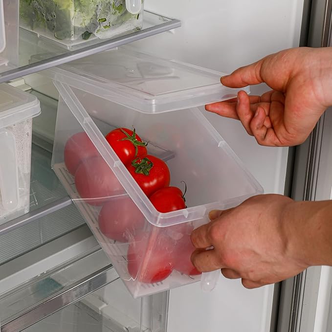 Sooyee Produce Saver Containers for Refrigerator with Drain Tray, 5L x 4 Stackable Fruit Storage Containers for Fridge,Vegetable Storage Keep Fresh for Lettuce,Salad,Berry, Salad,Meat and Fish