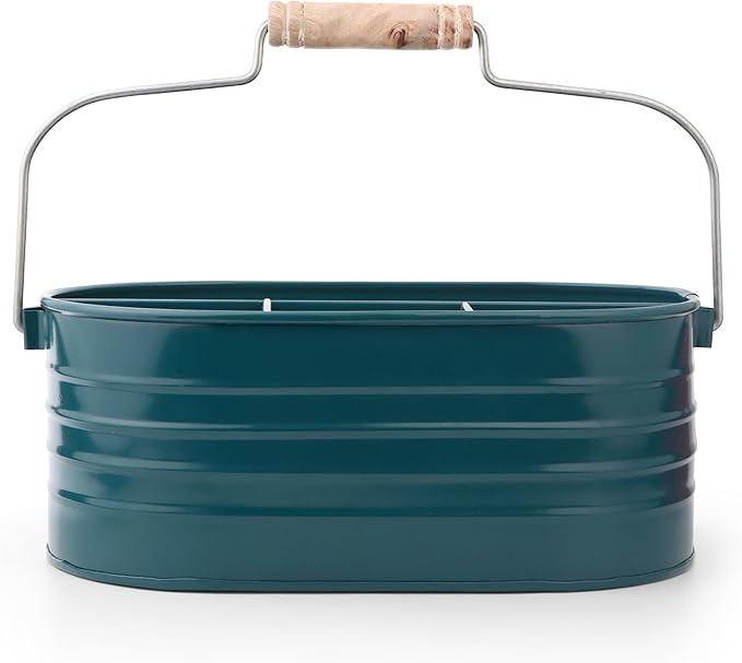 Alpha Living Home - Silverware Caddy, Wooden Utensil Holder with Handle, 4 Compartment Cutlery Organizer Bin for Forks, Spoons, Knives, Picnic, Kitchen Countertop Storage - Dark Cyan