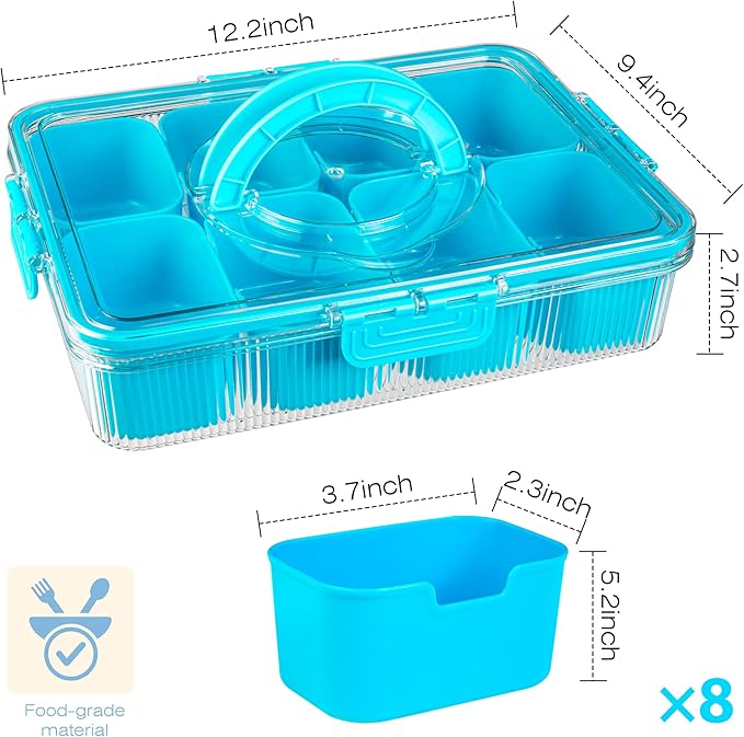 Patent Design Ribbed Snackle Box Container Divided Serving Tray with Lid and Handle -Charcuterie Container Portable Storage Organizer for Candy, Fruit, Beach, Picnics(1 pcs, Lake blue)