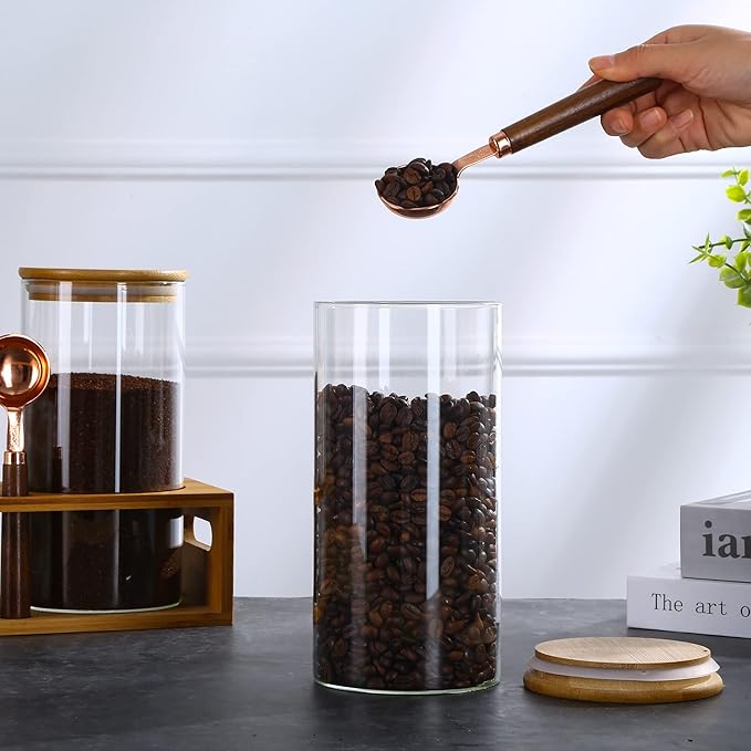 ZOMUIA Glass Coffee Containers Airtight Coffee Bean Storage Canisters with Shelf, 3Pcs 44oz Coffee Station Organizer, Kitchen Food Storage Jars for Sugar, Candy, Oats, Nuts