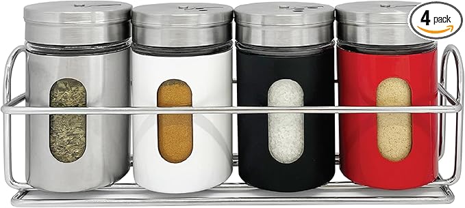 4 Pcs Stainless Steel Spice Seasoning Container Jars with Storage Rack, Perfect for Storing Spices, Salt, Pepper, Sugar and Dry Ingredients