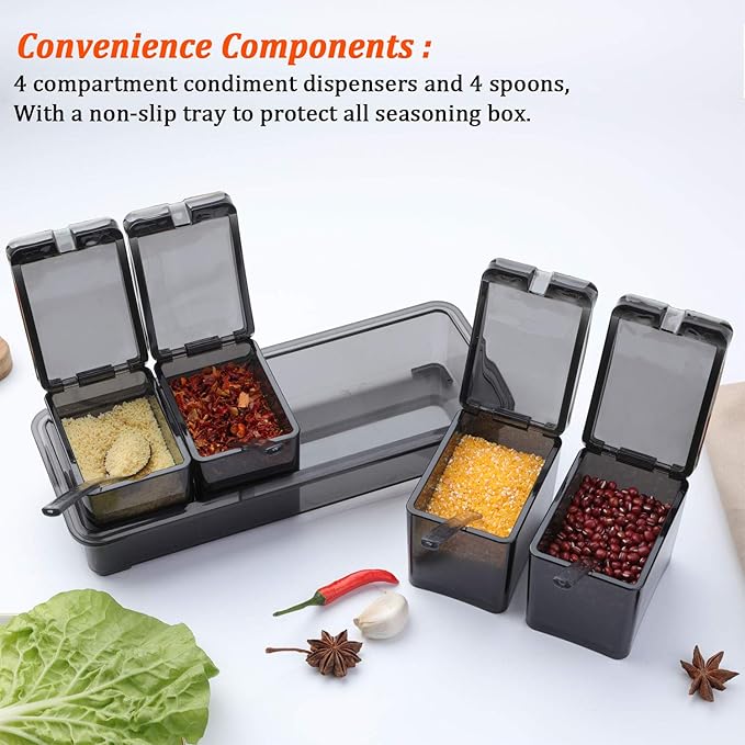 V·RESOURCING [ New Version Elegant Black Seasoning Box, 4 Pieces Seasoning Storage Container Cruet for Home Kitchen,Condiment Jars with Cover and Spoon for Pepper Spice Salt Sugar Storage