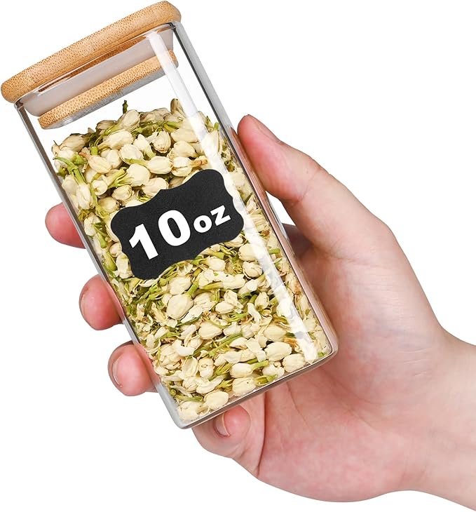 Glass Food Storage Jars Square 10oz, 12 Pack Glass Jars With Bamboo Lids, Kitchen Storage Containers For Spice, Candy, Cookie, Storage For Pantry Organizers