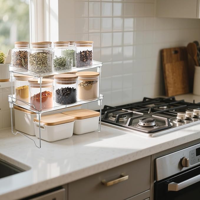 Rainmae 2 Pcs Spice Rack Organizer, Cabinet Organizer Shelf,Stackable Kitchen Counter Shelves, Countertop Organizers, Clear Plastic Storage Shelves Rack for Makeup Bathroom Desk Pantry Organization