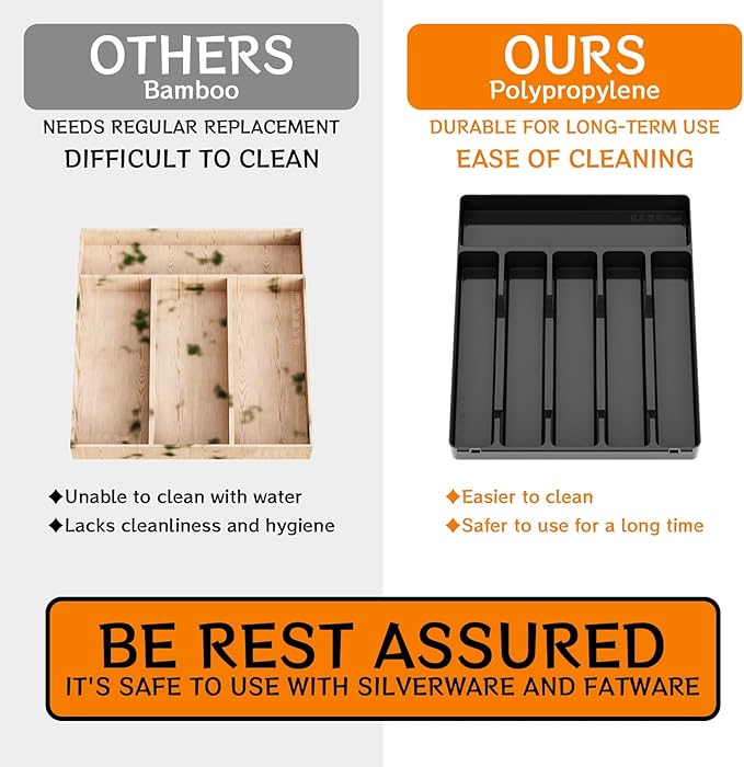 Silverware Organizer for Kitchen Drawers,BPA Free Cutlery Drawer Organizer,6 Slots Plastic Utensils Organizer Suitable as In-Drawer Silverware Holder and Tray,Flatware,Knife,Fork,Spoon Organizer,Black