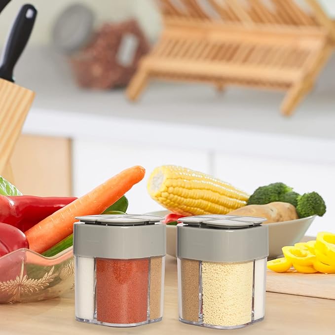 2 Pack 4 in 1 Spice Container Salt and Pepper Shaker Transparent Seasoning Shaker Can Filter Lumps Spice Jars for Home Restaurant Camping Travel Cooking BBQ