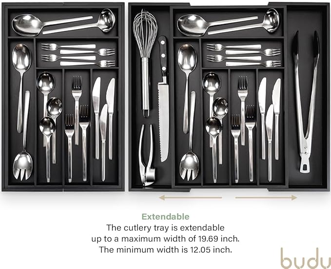budu Silverware Drawer Organizer #17.7" Depth – Black - Utensil Holder, Kitchen Drawer Organizers for Flatware, Cutlery – Perfect Utensil Organizer for Silverware & Other Kitchen Organization Tools