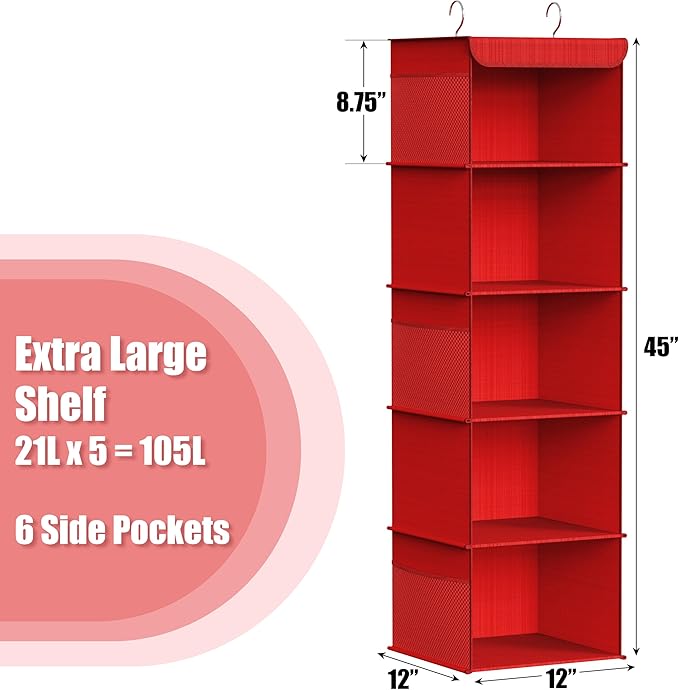 Simple Houseware 5 Shelf Hanging Closet Organizer, Red