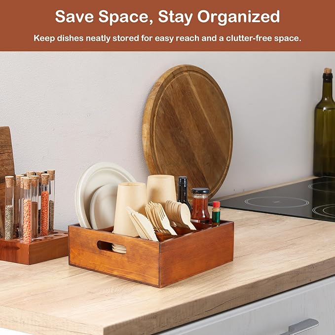 Brown Utensil Holder for Party - Wood Paper Plate Organizer for Countertop - Silverware Caddy with 6 Compartments for Plate Cup Fork Spoon - Cutlery Holder for Kitchen Camping Buffet