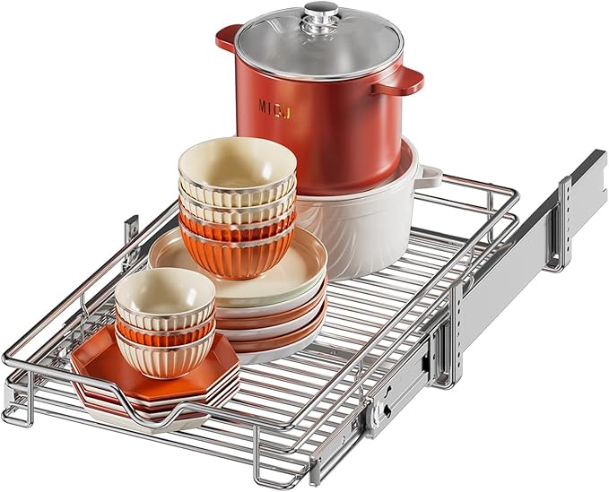 DINDON 1 Tier Pull Out Cabinet Organizer (14" W x 18" D) Heavy-Duty Metal Sliding Drawer Shelf, Slide Out Wire Basket for Kitchen Cabinets, Pantry, Bathroom, Chrome Finish…