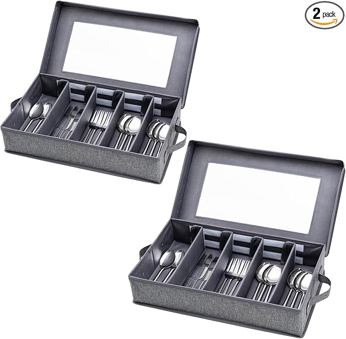 Silverware Storage Box 2 Pack, Flatware Storage Case, Utensil Storage with Removable Lid and Adjustable Dividers for Organizer Utensils, Cutlery, Flatware, Knives, Large Capacity Gray