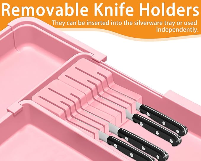 Utensil Drawer Organizer for Kitchen, Expandable Silverware Organizer Cooking Utensils Tray, Large Cutlery and Flatware Holder, Kitchen Tools & Gadgets Storage (Pink)