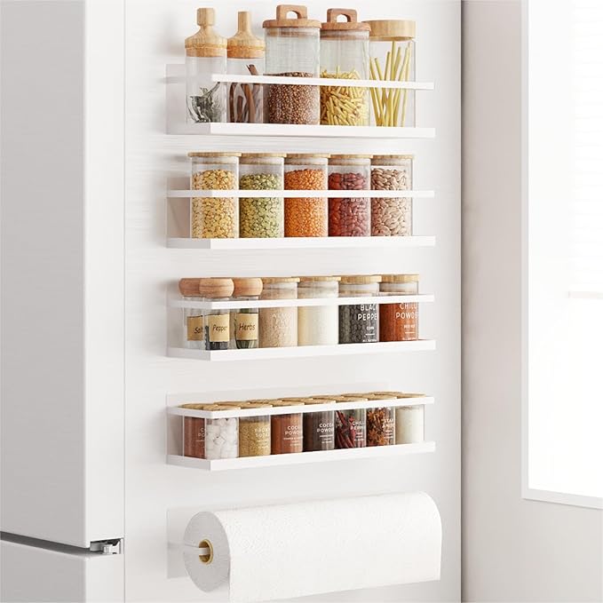 Magnetic Spice Rack for Refrigerator Magnetic Fridge Shelf for Kitchen Spice Organizer Magnetic Shelf for Fridge White 4 Pack with Magnetic Paper Towel Holder