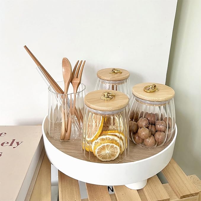 Strip Pattern Clear Glass Sugar Jar with Bamboo Lid,Food Storage Jar,Glass Jar with Lid,Coffee Candy Canister Airtight Storage Container (Conical+Oval)
