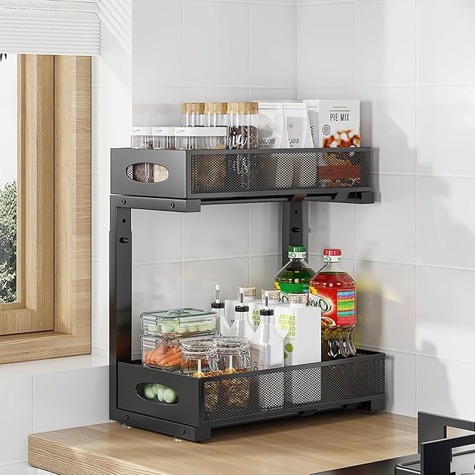 Under Sink Organizer, 2-Tier Put Out Cabinet Organizer, Adjustable Rust Proof Under Sink Organizers and Storage, Kitchen Undersink Organizers for Kitchen, Bathroom, Cabinet, Counter, 2 Pack, Black