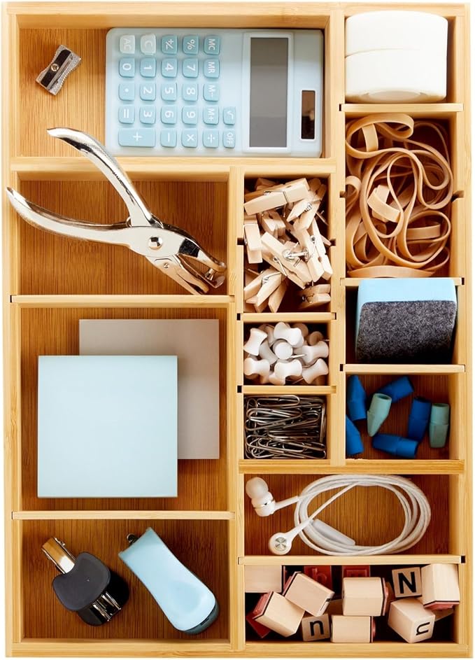 Juvale Bamboo Drawer Organizer Tray with 8 Adjustable Dividers for Kitchen Utensils, Cutlery (14 x 10 x 2 In)