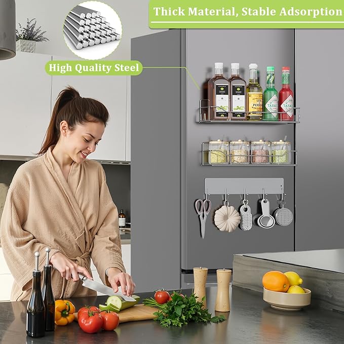 Magnetic Spice Rack for Refrigerator, 3 Pack Metal Magnet Spice Organizer Shelf with Hook Rack, Magnetic Fridge Shelves for Kitchen Organization and Storage, Seasoning Organizer Gadgets (Grey)