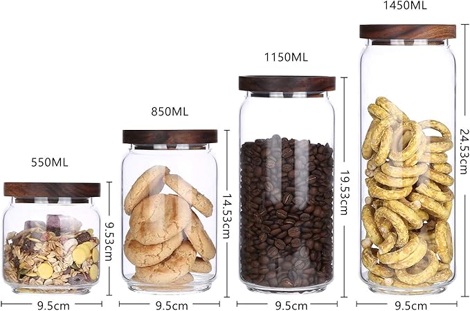 KKC HOME ACCENTS Clear Glass Food Storage Canisters with Airtight Wooden Lids for Coffee Beans,Ground Coffee,Loose Leaf Tea,Pack of 4