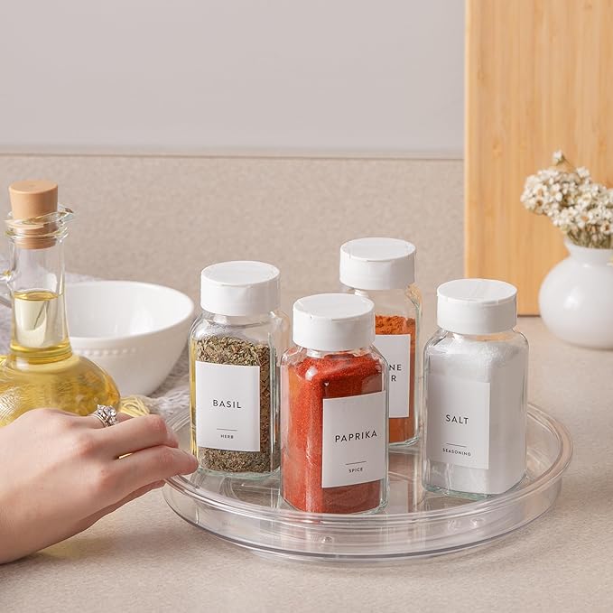 9.4" Lazy Susan Organizer. 360 Degree Rotating Turntable for Cabinets, Fridge, Pantry, Bathroom, Under Sink Organizing, Vanity, Countertops, Organizer for Spices Clear 4 Pack