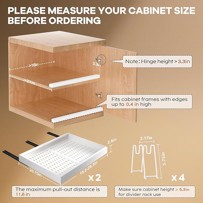 2 Pack Pull out Cabinet Organizer 21"Deep With Raising Pad for Framed Cabinets, Expandable Slide out Drawers for Kitchen Cabinets with 4pcs Divider Racks, Roll out Shelves 15.2"-26.3"W White
