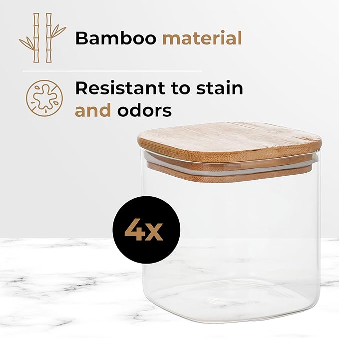 18.6oz Square Borosilicate Glass Canister With Bamboo Lid, Airtight Pantry Storage Jar Containers Ideal for Rice, Candy, Sugar, Flour, Nuts, Cookies and Coffee Beans (4 Pack)