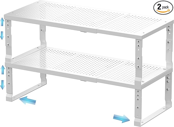 Expandable Spice Rack & Kitchen Cabinet Organizer - Stackable, Adjustable Shelves for Cabinets, Countertops, Cupboards & Pantries(2 Packs/Large/White)