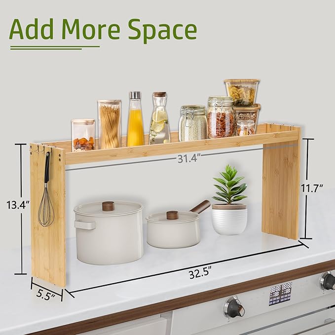 Bamboo Stove Top Shelf - Over The Stove Shelf for Kitchen, 31" Countertop Spice Rack Organizer Kitchen Space Savers, Protective Lips with 6 Hooks, Easy to Assemble
