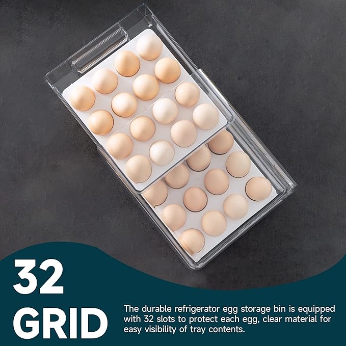 Large Capacity Egg Container for Refrigerator - 32 Eggs, Double Layer Drawer With Removable Tray, Stackable, BPA Free